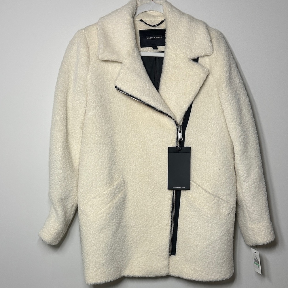 NWT Andrew Marc wool & alpaca winter white moto style long line coat size 8